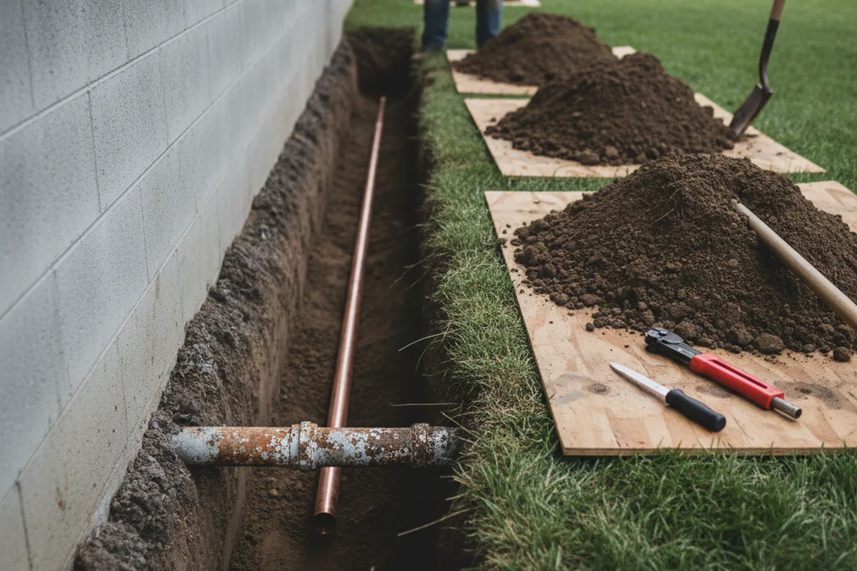 Excavated water line trench during Sewer Line Repair in Pierron